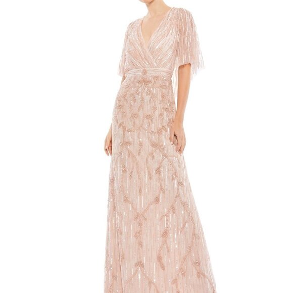 Mac Duggal Embellished cap Sleeve Faux Wrap Trumpet Gown in Blush, size 4 - Picture 1 of 10